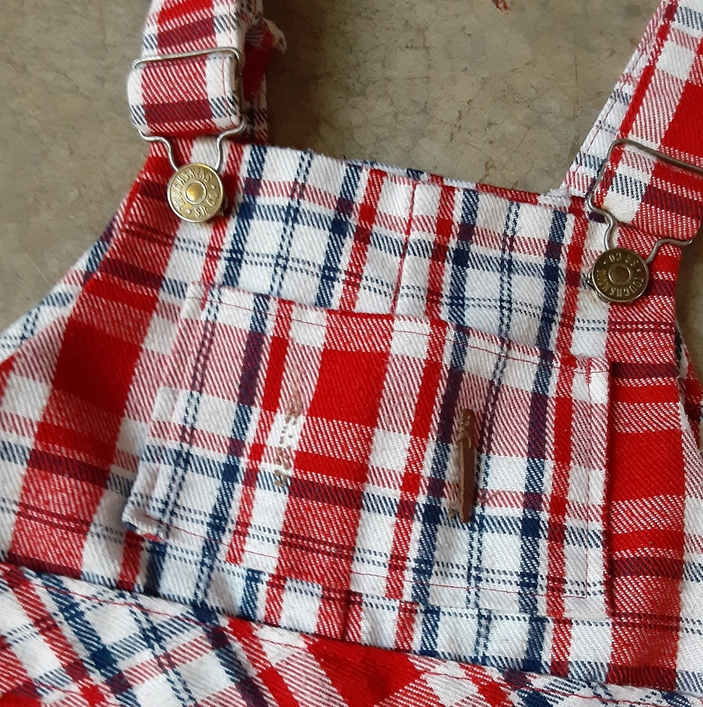 Vintage 70s 80s Toddler Kids Plaid Overalls Red White Blue 2T 3T
